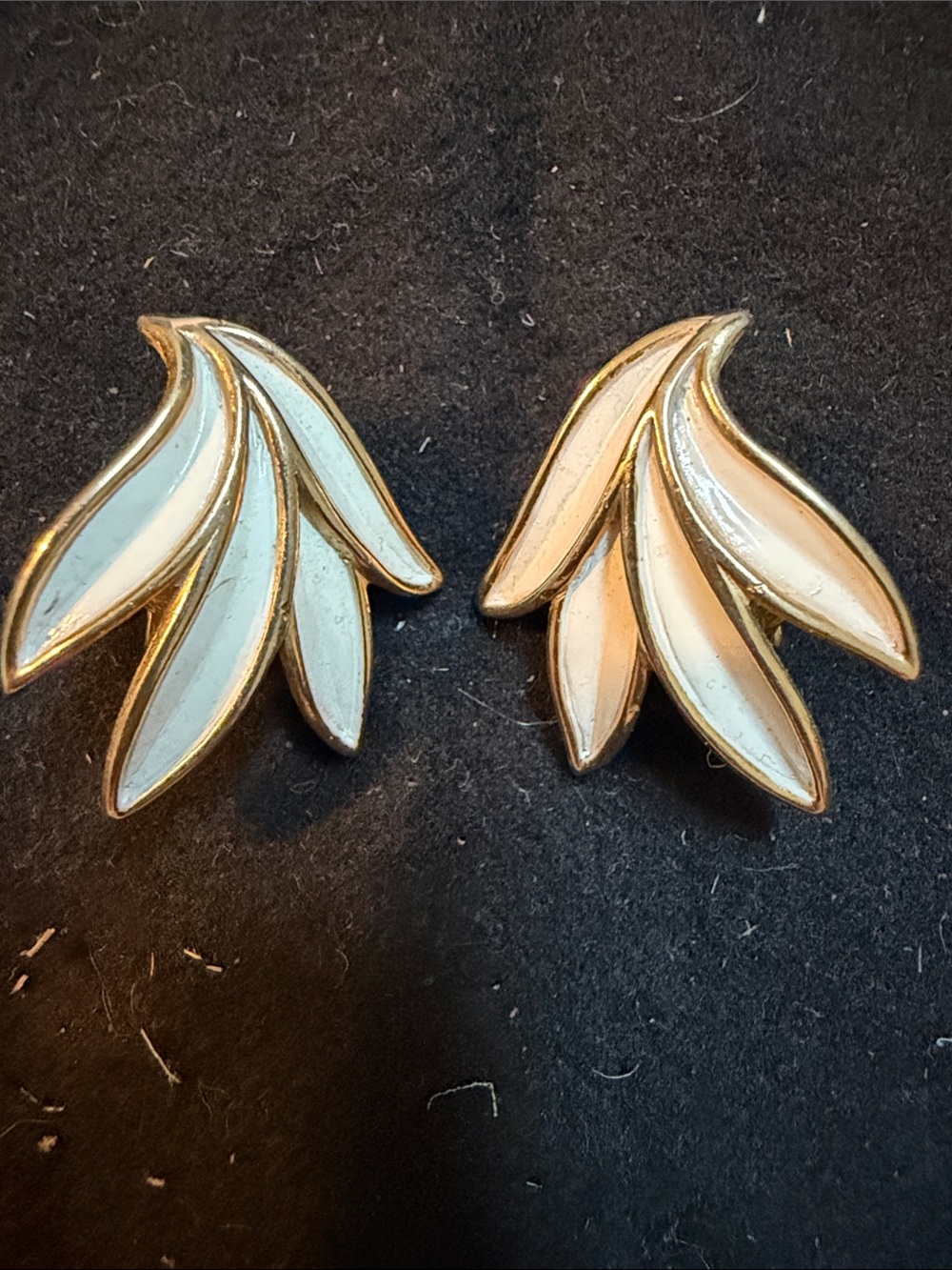 Trifari White and Cream Enamel Leaf Clip Earrings